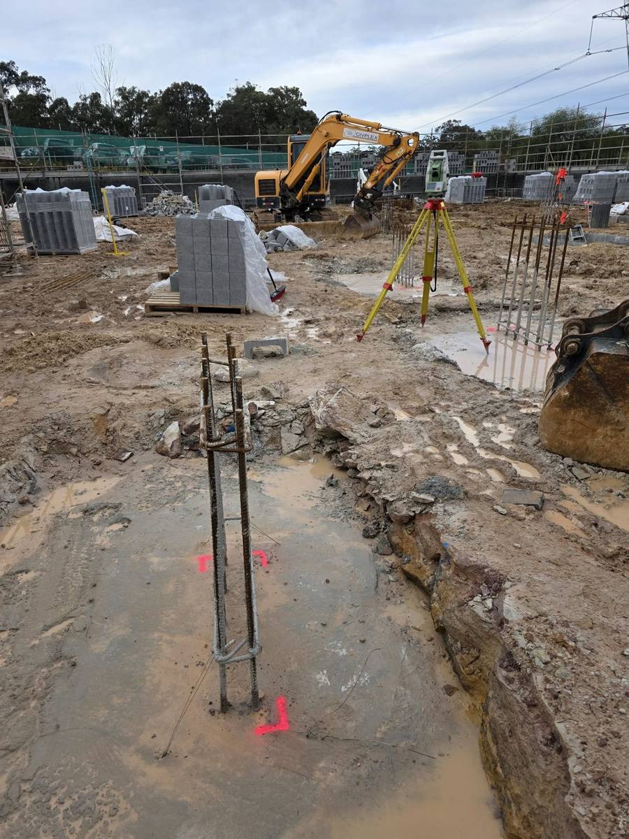 Footing setout marks beside reinforcement on a residential site